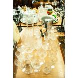 SET OF SIX GLASS CHAMPAGNE FLUTES; VARIOUS DRINKING GLASSES; A METAL ICE BUCKET; A RESIN 'WINE