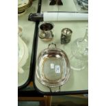 A WALKER AND HALL ELECTROPLATE TWO HANDLED DISH, AN ELECTROPLATE VASE AND A SMALL EP TANKARD (3)