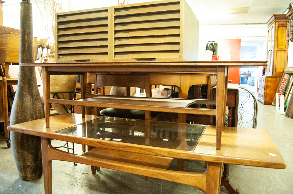 AN ELM LONG, NARROW OBLONG COFFEE TABLE WITH UNDERSHELF, CIRCA 1970S AND A FIRESIDE ARMCHAIR WITH