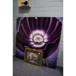 OIL PAINTING ON FRAMELESS CANVAS, LARGE PURPLE FLOWER, 39" SQUARE AND THREE SMALL PICTORIAL WALL