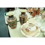 PAIR OF REPRODUCTION ORIENTAL VASES, A POTTERY TOILET JUG AND BASIN