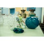 A MDINA BLUE GLASS VASE, TWO ORNAMENTS AND A DRINKING GLASS (4)