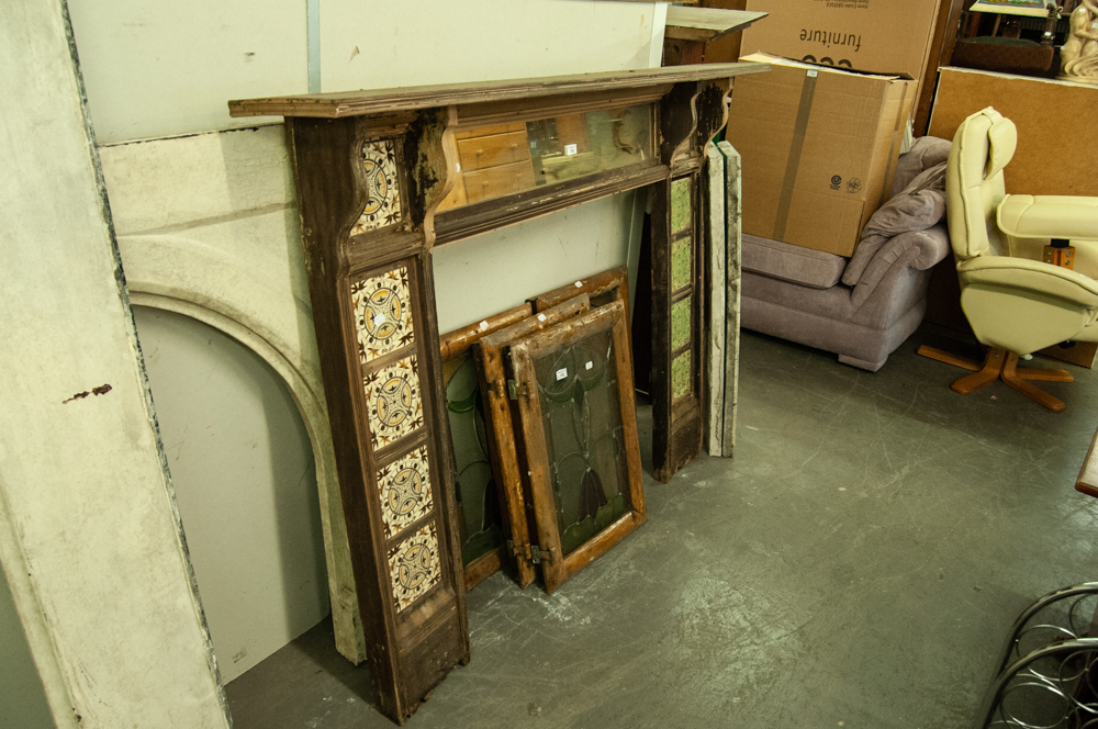 LATE VICTORIAN WOODEN CERAMIC TILE INSET FIRE SURROUND WITH MIRROR BENEATH MANTEL SHELF, 47" (119.