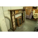 LATE VICTORIAN WOODEN CERAMIC TILE INSET FIRE SURROUND WITH MIRROR BENEATH MANTEL SHELF, 47" (119.