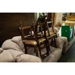 AN EARLY TWENTIETH CENTURY OAK RUSH SEAT STOOL, ANOTHER FOUR LEGGED CIRCULAR STOOL WITH CARVED