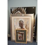 COLOUR PRINT, AFRICAN WOMAN AND AN UNFRAMED CANVAS PICTURE, GOLD FOLIAGE ON BLACK BACKGROUND