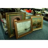 REPRODUCTION COLOUR PRINT AFTER ROWLAND HILDER TOGETHER WITH SIX OTHER OIL PAINTINGS AND