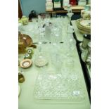 CUT AND MOULDED GLASS-STUART DECANTERS, TWO OTHERS, OBLONG DRESSING TABLE TRAY, JARS AND COVERS,