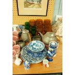 DOMESTIC POTTERY AND GLASS TO INCLUDE; COLOURED GLASS GOBLETS, BLUE AND WHITE WARES, PEWTER TEA