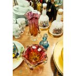 ITALIAN PINK STUDIO GLASS LARGE VASE AND MATCHING BOWL AND A BLUE/GREEN GLASS PERFUME BOTTLE AND