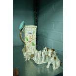 A GOSS WARE 'LIVERPOOL SHELL AND DOG FIGURINE, NEW BRIGHTON TOAST RACK, FIGURINE AND A VASE WITH