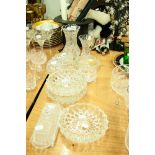 FOUR VARIOUS CUT GLASS VASES AND OTHER GLASS WARES