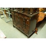 CHINESE DARKWOOD SIDE CABINET, WITH A ROW OF FOUR SHORT FRIEZE DRAWERS OVER A CUPBOARD WITH TWO