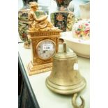 ORIENTAL LACQUERED PANEL, A GILT CASED CLOCK AND A BRASS BELL