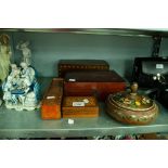 TWO WOODEN WORK BOXES; A BOX OF DOMINOES; A WOODEN CIRCULAR BOX AND COVER; A DEOCRATED WOOD TABLE