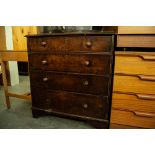 SMALL 19TH CENTURY OAK CHEST OF FOUR GRADUATED LONG DRAWERS WITH WOOD KNOB HANDLES, ON BRACKET FEET,