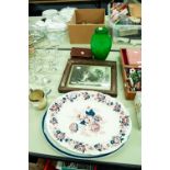 GROUP OF ITEMS: A PRINT OF AN ETCHING; TWO MEAT PLATES; A GREEN CLOUDY GLASS VASE AND A GENT'S