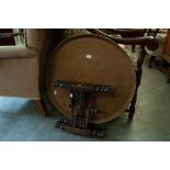 EGYPTIAN ENGRAVED BRASS CIRCULAR TRAY TOP COFFEE TABLE, ON SIX LEGGED CARVED AND INLAID FOLDING