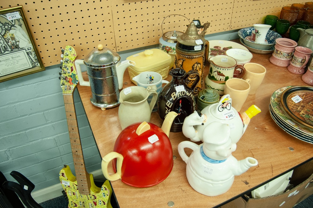 TWO 'EVER HOT' TYPE TEAPOTS, TWO CHINA NOVELTY TEAPOTS, china biscuit BARREL with plated mounts;