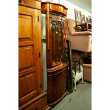 AN EARLY TWENTIETH CENTURY BEECHWOOD BOW FRONTED LOW CABINET, ALSO A REPRODUCTION YEW TREE WOOD