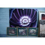 OIL PAINTING ON FRAMELESS CANVAS, LARGE PURPLE FLOWER, 39" SQUARE AND THREE SMALL PICTORIAL WALL