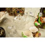 A COLLECTION OF CUT GLASS TABLE WARES TO INCLUDE; A CRACKER BARREL AND LID, WATER JUGS ETC.......