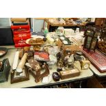 MIX LOT OF A MINER COLLECTABLES, COINS, TROPHY CIPS, QUARTZ SWIZA CARRIAGE CLOCK, CUTLERY, SCALES