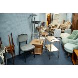 A CHROME BREAKFAST BAR STOOL, A GILT TEA TROLLEY, A KITCHEN CHAIR AND AN AN OAK TABLE WITH DRAWER