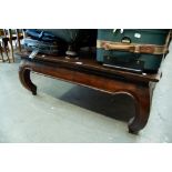MODERN DANISH LARGE WOODEN COFFEE TABLE (PURCHASED FROM 'ILVA'), SQUARE TOP WITH SHAPED FRIEZE, ON