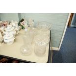 CUT AND MOULDED GLASS- HEAVY QUALITY LARGE OVAL FRUIT BOWL, TWO OTHER FRUIT BOWLS, FOUR DECANTERS (