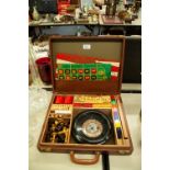 VINTAGE GAMES COMPENDIUM IN ATTACHÉ TYPE BROWN FAUX LEATHER CASE, roulette, cribbage, dominoes, back