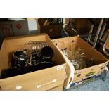 TWO BOXES OF PANS AND KITCHEN SUNDRIES STORAGE JARS ETC