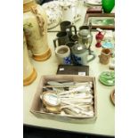 SELECTION OF LOOSE ELECTROPLATED CUTLERY AND PEWTER TANKARDS, and a BAKELITE TABLE CIGARETTE BOX