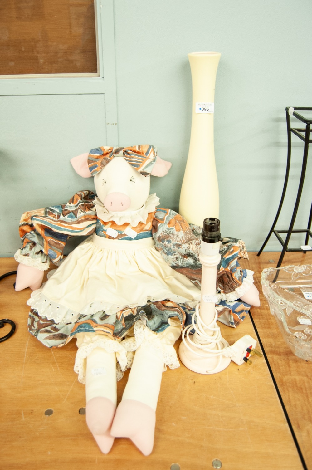 PIG STUFFED TOY, DRESSED; A TABLE LAMP AND A WHITE POTTERY VASE