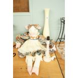 PIG STUFFED TOY, DRESSED; A TABLE LAMP AND A WHITE POTTERY VASE