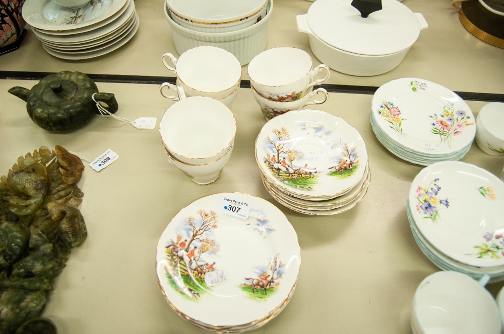 EIGHTEEN PIECE 'REGENCY' CHINA TEA SERVICE FOR SIX PERSONS, printed with hunting scenes, printed