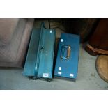 A BLUE METAL CANTILEVER TOOLBOX AND CONTENTS, A SIMILAR PLASTIC BOX WITH PAINTED MATERIALS (2)