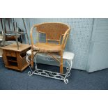 A BAMBOO TUB ARMCHAIR AND A WHITE PAINTED WROUGHT IRON DRESSING STOOL