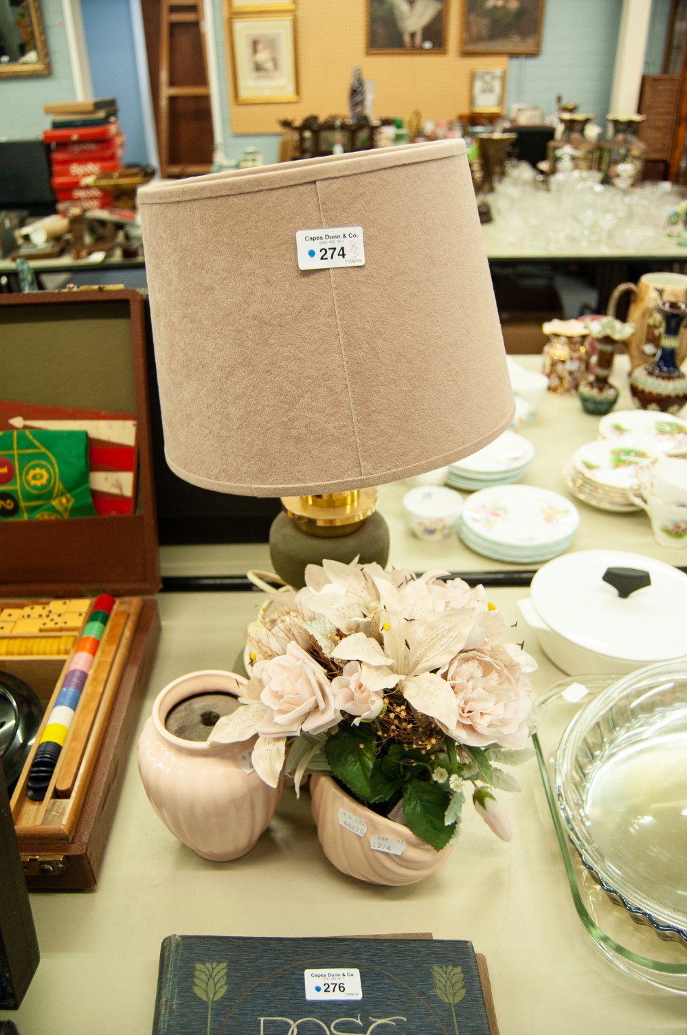 TABLE LAMP AND SHADE AND TWO VASES OF WHITE SILK ROSES