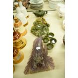 ORIENTAL CARVED GREEN HARDSTONE FLAT BACK GROUP, ANOTHER AMETHYST COLOURED OF A FLOWER ABOUT TO