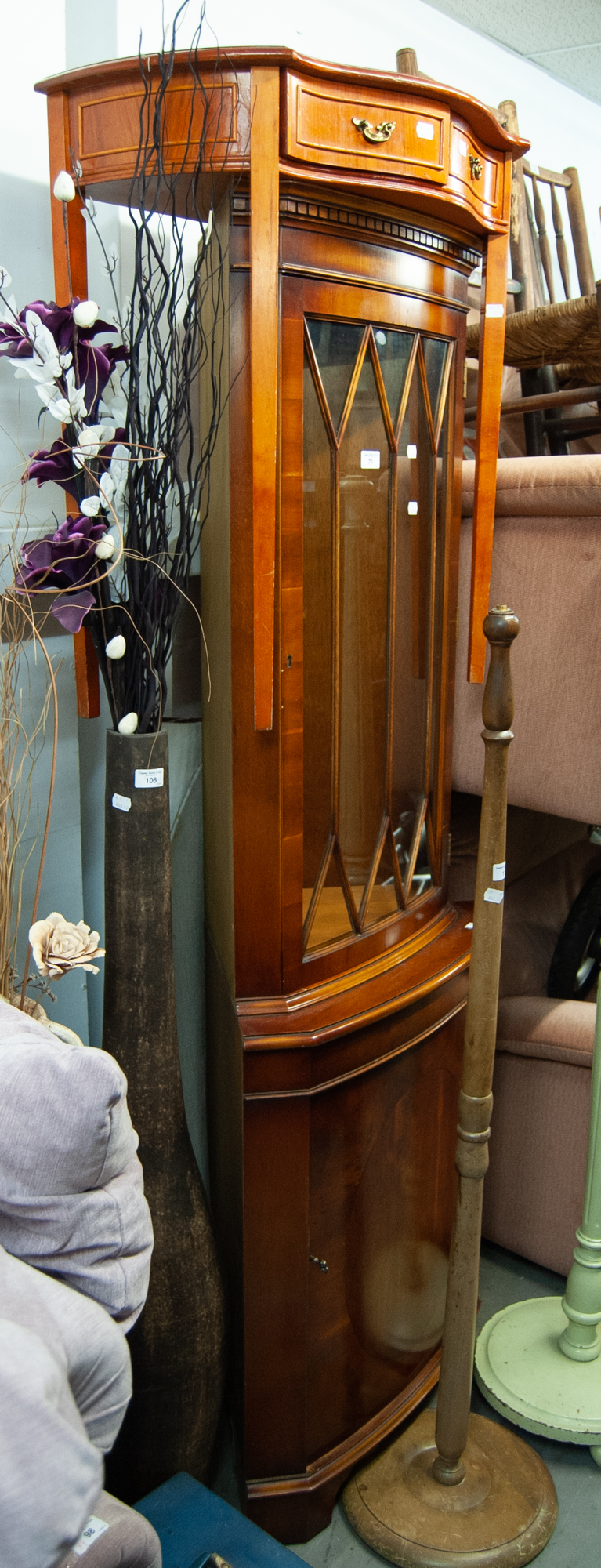 AN EARLY TWENTIETH CENTURY BEECHWOOD BOW FRONTED LOW CABINET, ALSO A REPRODUCTION YEW TREE WOOD