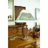 LARGE CARVED WOOD TABLE LAMP WITH DECORATIVE SHADE