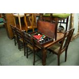A 'RILEY' MAHOGANY BILLIARDS/DINING TABLE, WITH SLATE BED, 6'6" X 3'6", SNOOKER CUES AND REST, A