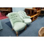 TWO LADIES BEDROOM CHAIRS, UPHOLSTERED IN GREEN PATTERNED FABRIC