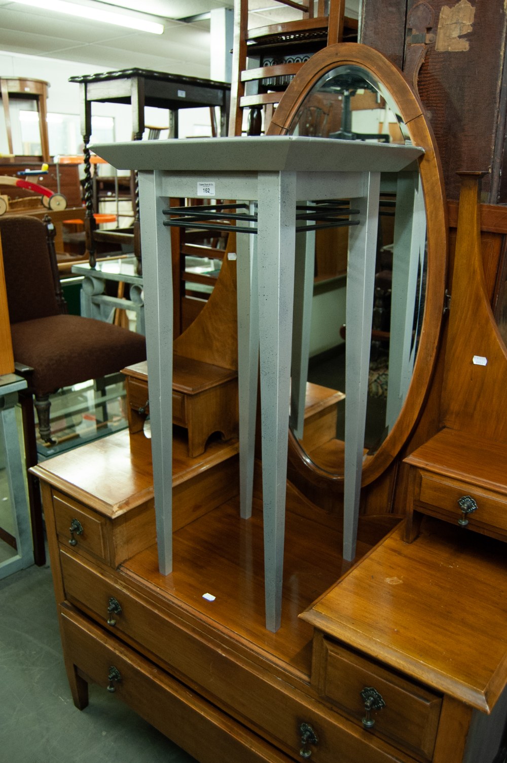 GREY FINISH WOODEN LAMP TABLE WITH INSET MARBLE TOP