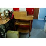 TEAK TWO TIER TEA TROLLEY WITH LIFT-OFF TRAY TOP AND A TEAK LOW STEP TOP WORKBOX/TELEPHONE STAND