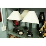 PAIR OF BLACK METAL BEDSIDE LAMPS AND SHADES AND A QUARTZ DRESSING TABLE CLOCK AND ANOTHER LAMP