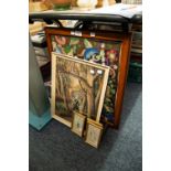 OAK FRAMED FIRE SCREEN WITH FLORAL WOOLWORK CENTRE, together with a VICTORIAN WATERCOLOUR AND