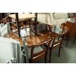 REGENCY STYLE DINING ROOM FURNITURE, COMPRISING; FOUR SINGLE CHAIRS, D-ENDED PEDESTAL DINING TABLE