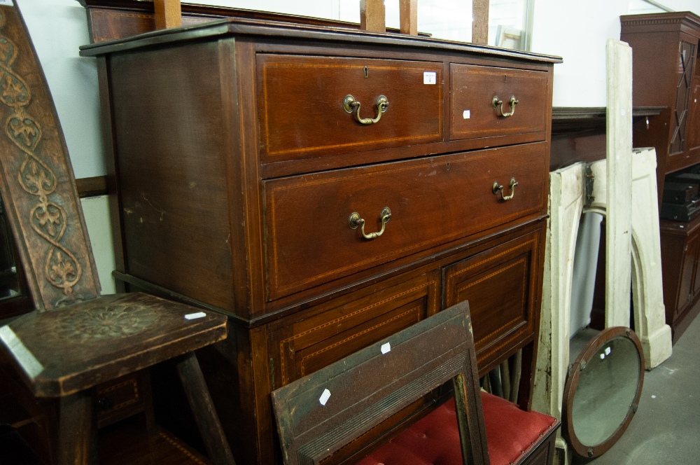 A MAHOGANY INLAID TALLBOY OF TWO SHORT OVER TWO LONG DRAWERS AND CUPBOARDS BELOW